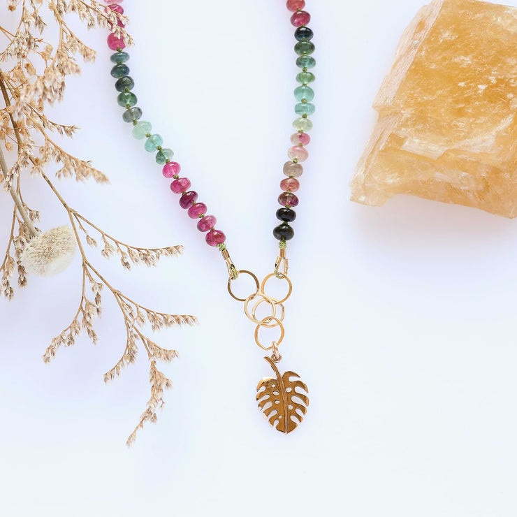 Free Spirit - Tourmaline and Monstera Leaf Pendant Necklace alt image | Breathe Autumn Rain Artisan Jewelry
