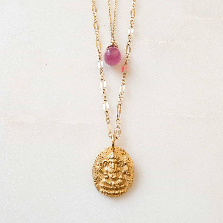 Ganesha Pink Sapphire Layered Necklace detail image | Breathe Autumn Rain Artisan Jewelry