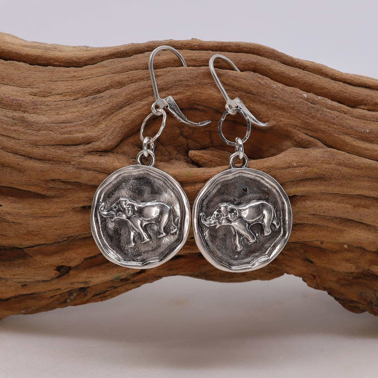 Happy Elephant Silver Coin Earrings alt image | Breathe Autumn Rain Artisan Jewelry
