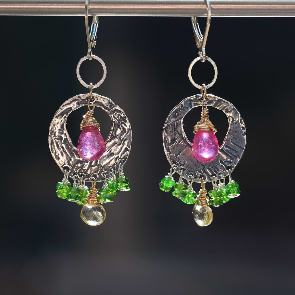 Pink Sapphire and Silver Earrings Hammered Silver Dangle Earrings