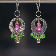 Hard Candy - Pink Sapphire and Peridot Hammered Silver Hoop Earrings main image | Breathe Autumn Rain Artisan Jewelry
