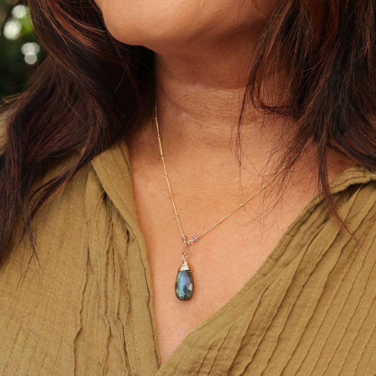 Helsinki - Labradorite Teardrop Gold Necklace life style main image | Breathe Autumn Rain Artisan Jewelry