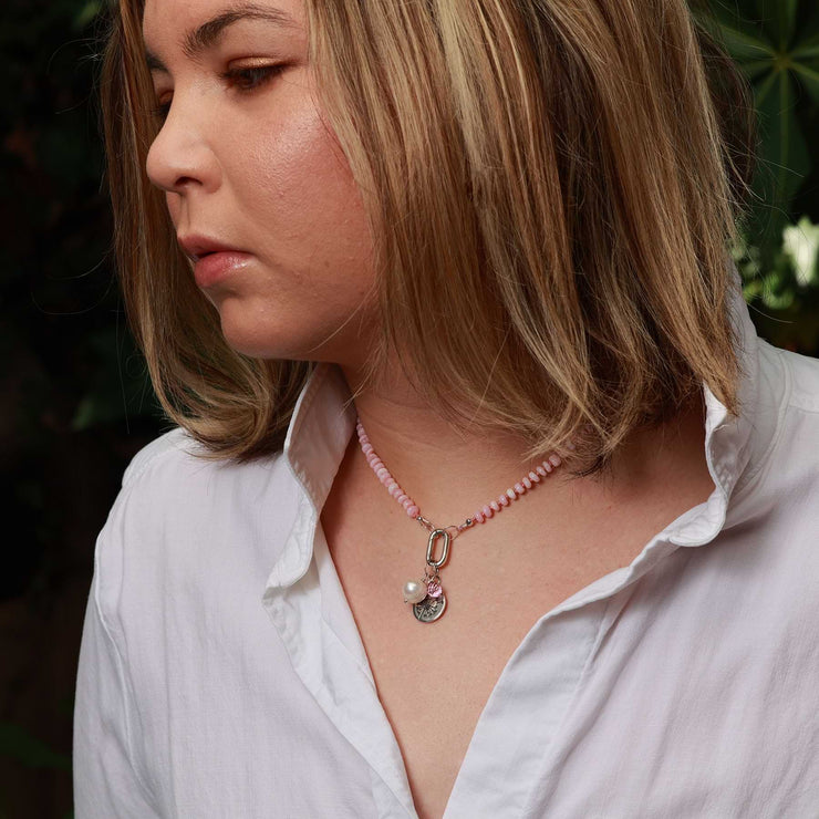 Hope Wish Will - Pink Opal Silver Necklace life style image | Breathe Autumn Rain Artisan Jewelry
