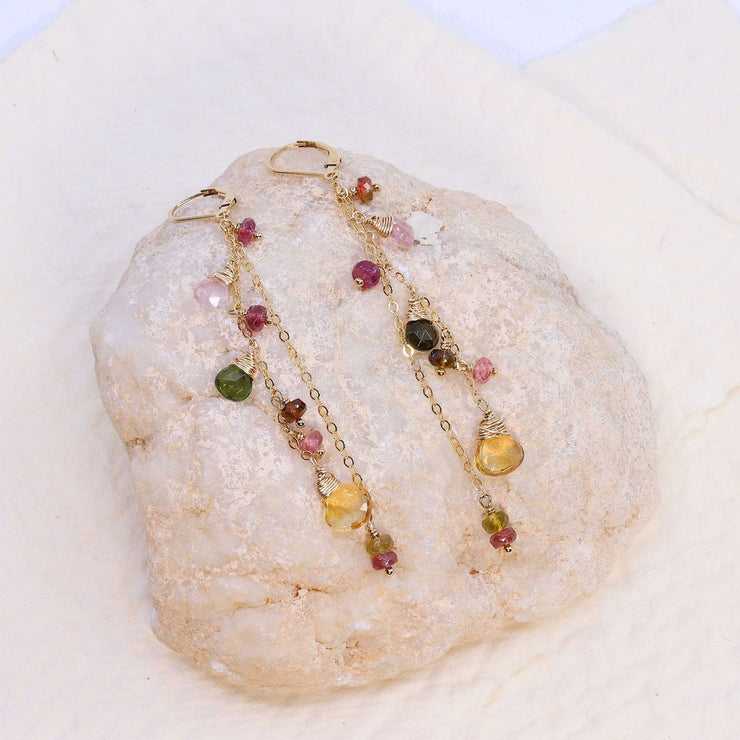 In Full Bloom - Tourmaline and Citrine Gold Cluster Drop Earrings alt image | Breathe Autumn Rain Artisan Jewelry