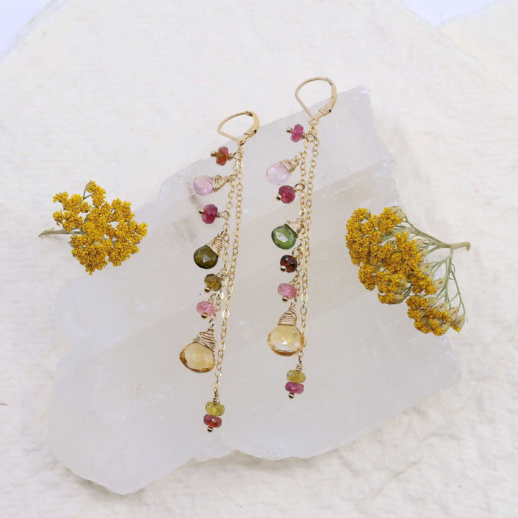 In Full Bloom - Tourmaline and Citrine Gold Cluster Drop Earrings main image | Breathe Autumn Rain Artisan Jewelry