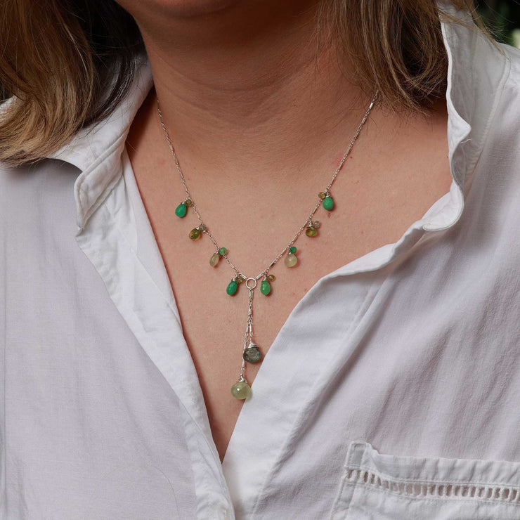 Ireland - Multi Gemstone Sterling Silver Lariat Necklace life style image | Breathe Autumn Rain Artisan Jewelry