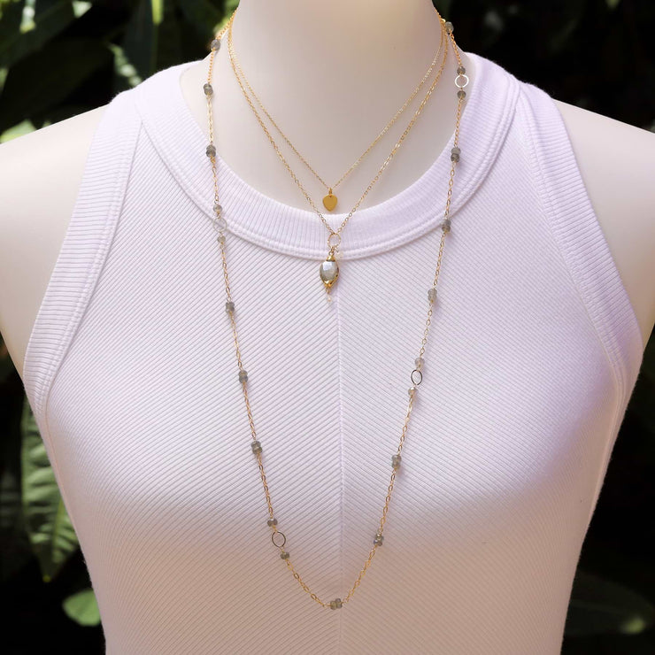 Isabelle - Moonstone Pendant Double Strand Gold Necklace life style image layering with Tribeca | Breathe Autumn Rain Artisan Jewelry