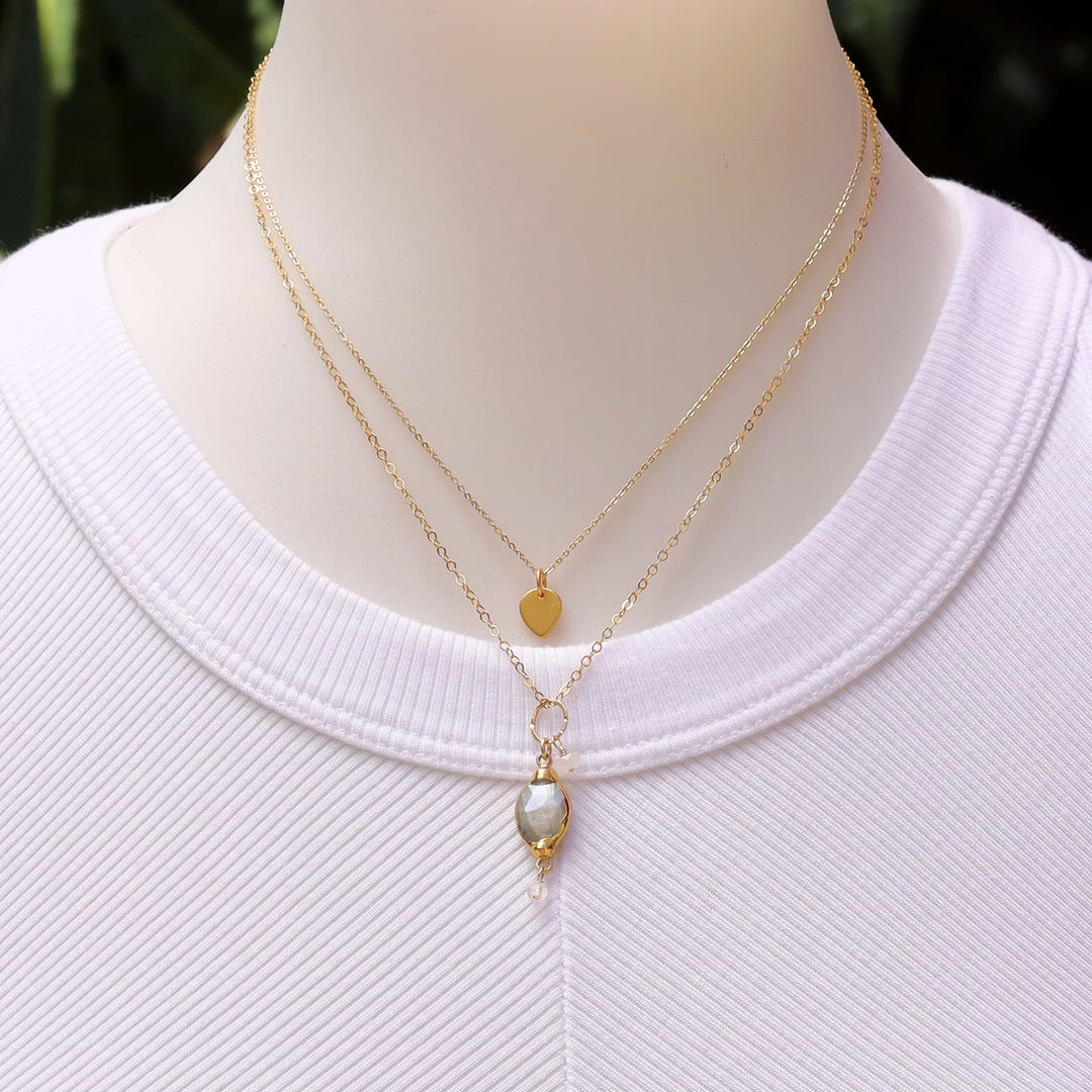 Isabelle - Moonstone Pendant Double Strand Gold Necklace life style image | Breathe Autumn Rain Artisan Jewelry