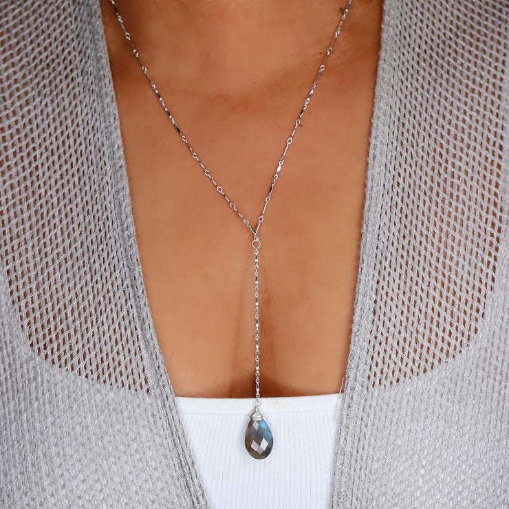 Jenner - Labradorite Drop Sterling Silver Necklace life styele image | Breathe Autumn Rain Artisan Jewelry