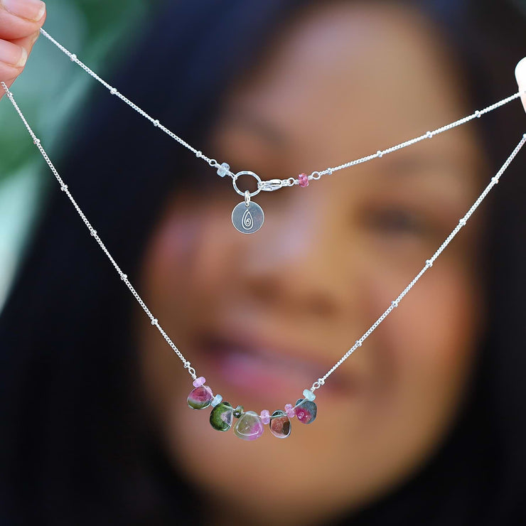 Kaleidoscope - Watermelon Tourmaline Trapeze Necklace life style image | Breathe Autumn Rain Artisan Jewelry