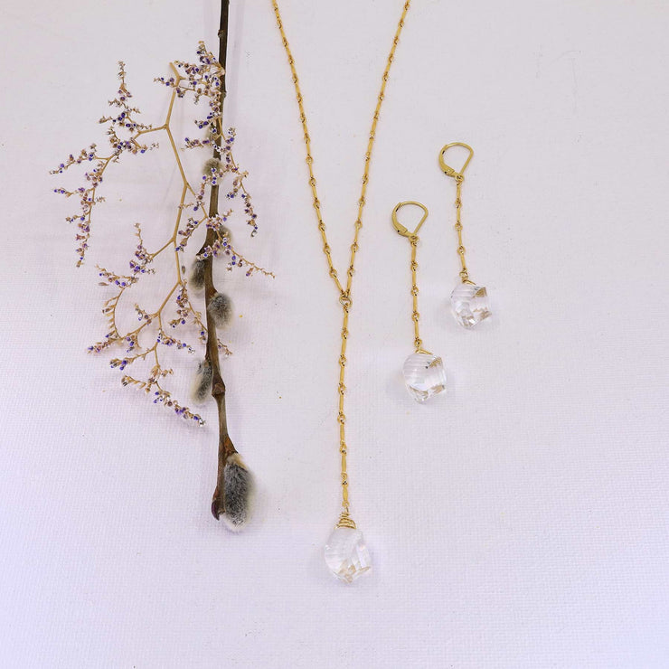 Katya - Crystal Quartz Lariat Drop Gold Layering Necklace alt set image | Breathe Autumn Rain Artisan Jewelry