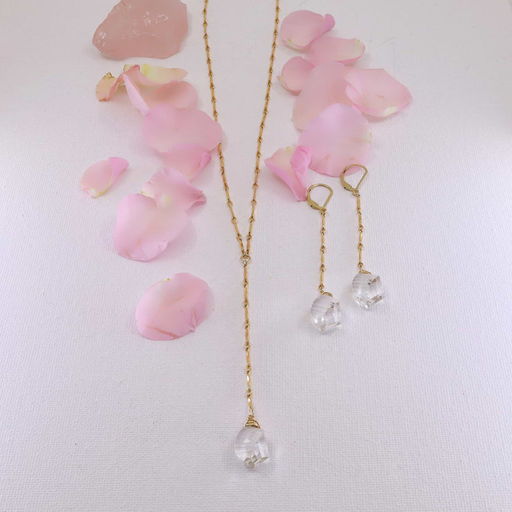 Katya - Crystal Quartz Lariat Drop Gold Layering Necklace main set image | Breathe Autumn Rain Artisan Jewelry