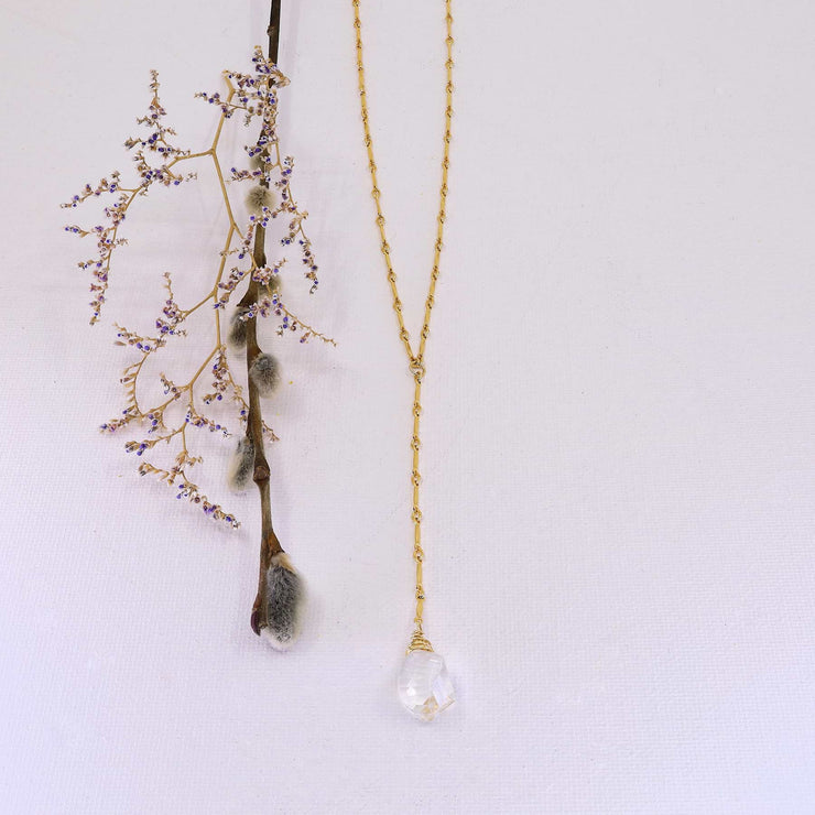 Katya - Crystal Quartz Lariat Drop Gold Layering Necklace alt image | Breathe Autumn Rain Artisan Jewelry