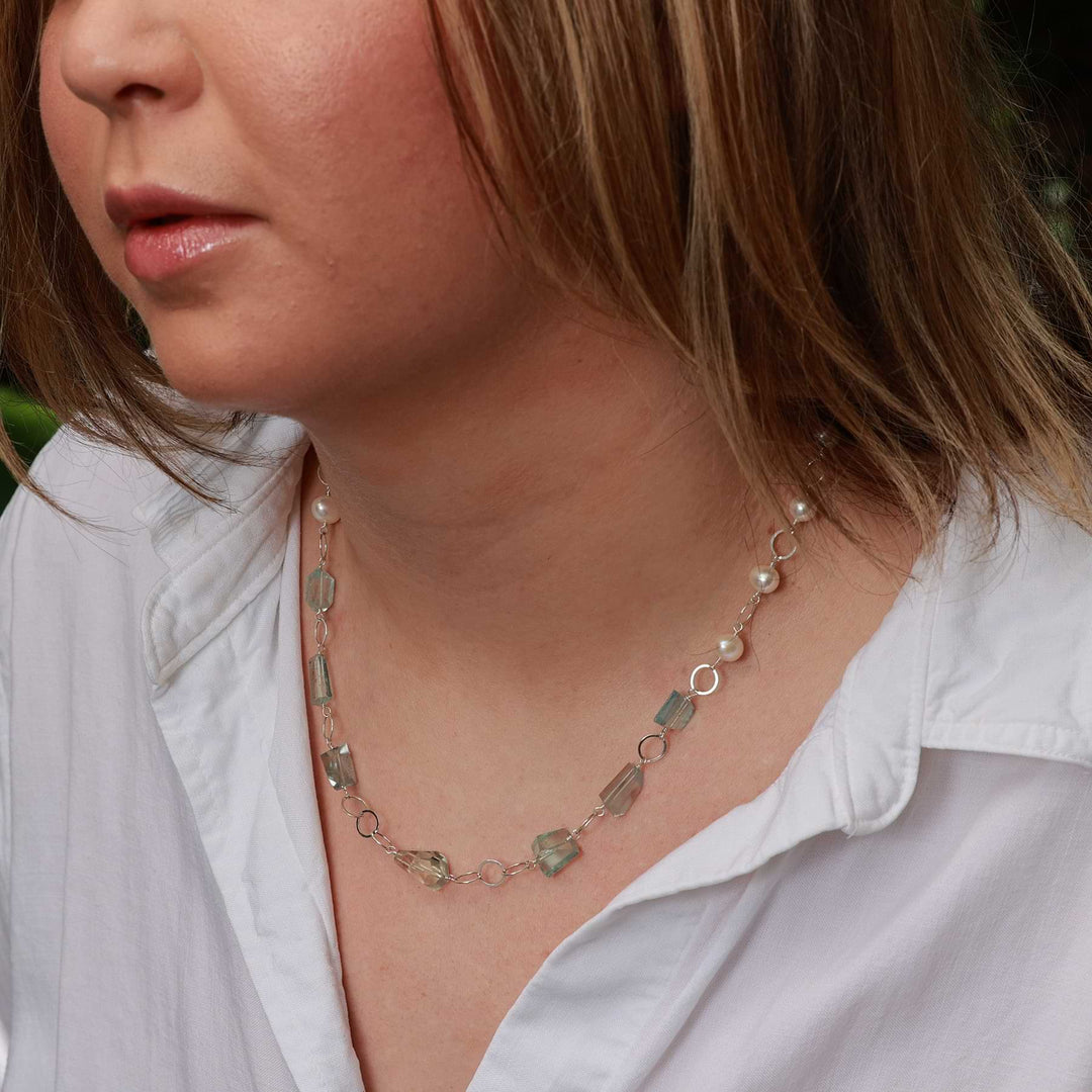 Kauai - Aquamarine and Pearl Sterling Necklace main image | Breathe Autumn Rain Artisan Jewelry life style image | Breathe Autumn Rain  Artisan Jewelry