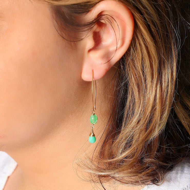 Khalia - Chrysoprase Gold Drop Earrings life style image | Breathe Autumn Rain Artisan Jewelry