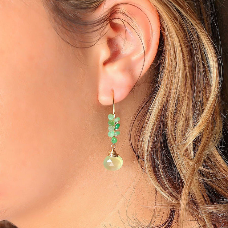 Kilauea - Prehnite and Chrysoprase Gold Drop Earrings life style alt image | Breathe Autumn Rain Artisan Jewelry