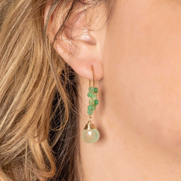 Kilauea - Prehnite and Chrysoprase Gold Drop Earrings life style image | Breathe Autumn Rain Artisan Jewelry