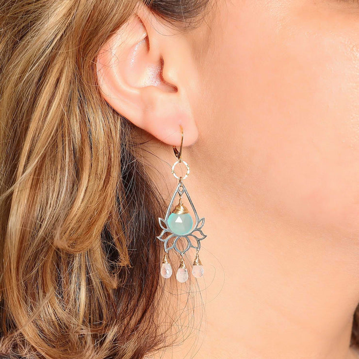 Lanai - Lotus Chalcedony and Moonstone Briolette Chandelier Earrings life style image | Breathe Autumn Rain Artisan Jewelry
