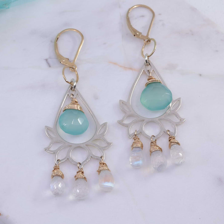 Lanai - Lotus Chalcedony and Moonstone Briolette Chandelier Earrings image | Breathe Autumn Rain Artisan Jewelry