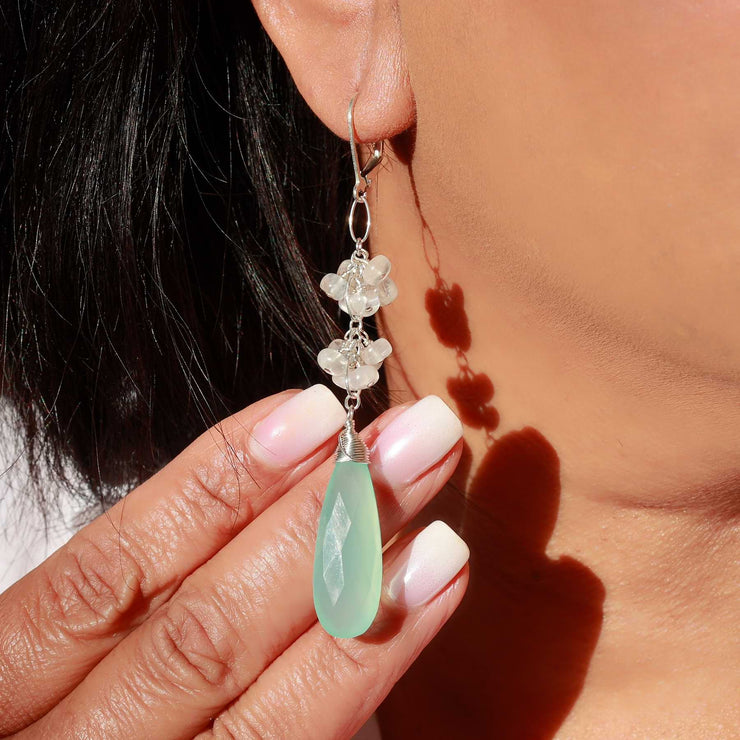 Leila - Chalcedony and Moonstone Multi-Gemstone Drop Earrings life style image | Breathe Autumn Rain Artisan Jewelry