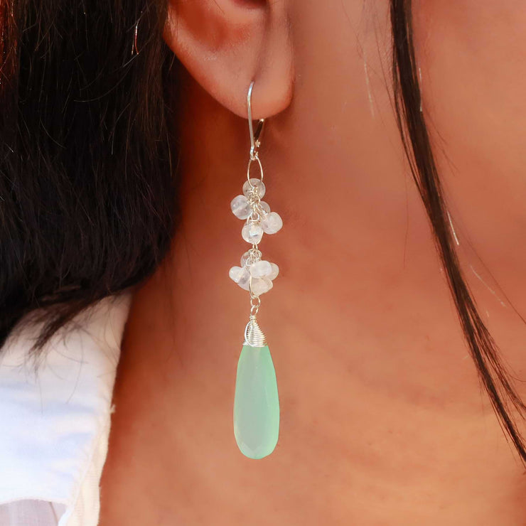 Leila - Chalcedony and Moonstone Multi-Gemstone Drop Earrings life style alt image | Breathe Autumn Rain Artisan Jewelry