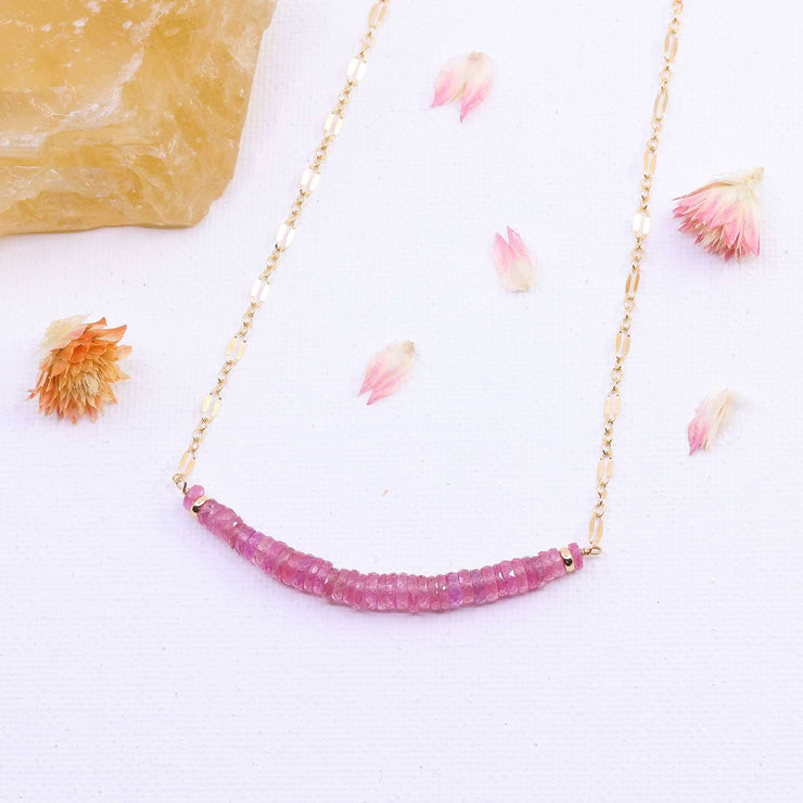 Lemonade - Pink Sapphire Gold Bar Necklace image | Breathe Autumn Rain Artisan Jewelry