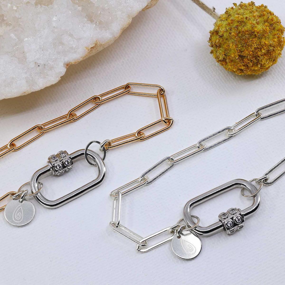 Locked and Loved - Mixed Metal Chain Link Carabiner Bracelet detail image | Breathe Autumn Rain Artisan Jewelry