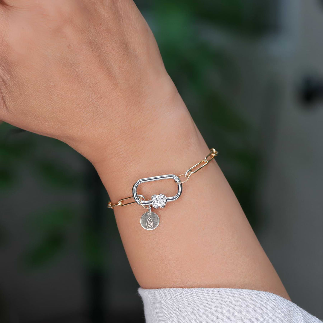 Locked and Loved - Mixed Metal Chain Link Carabiner Bracelet life style image | Breathe Autumn Rain Artisan Jewelry