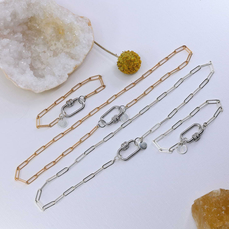 Locked and Loved - Mixed Metal Chain Link Carabiner Bracelet and Necklace set image | Breathe Autumn Rain Artisan Jewelry