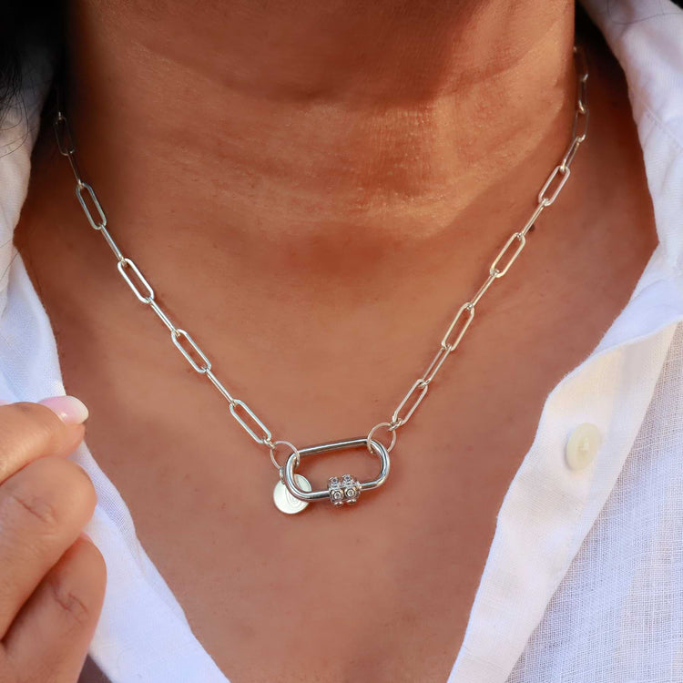 Locked and Loved - Mixed Metal Chain Link Carabiner Necklace Silver life style image | Breathe Autumn Rain Artisan Jewelry