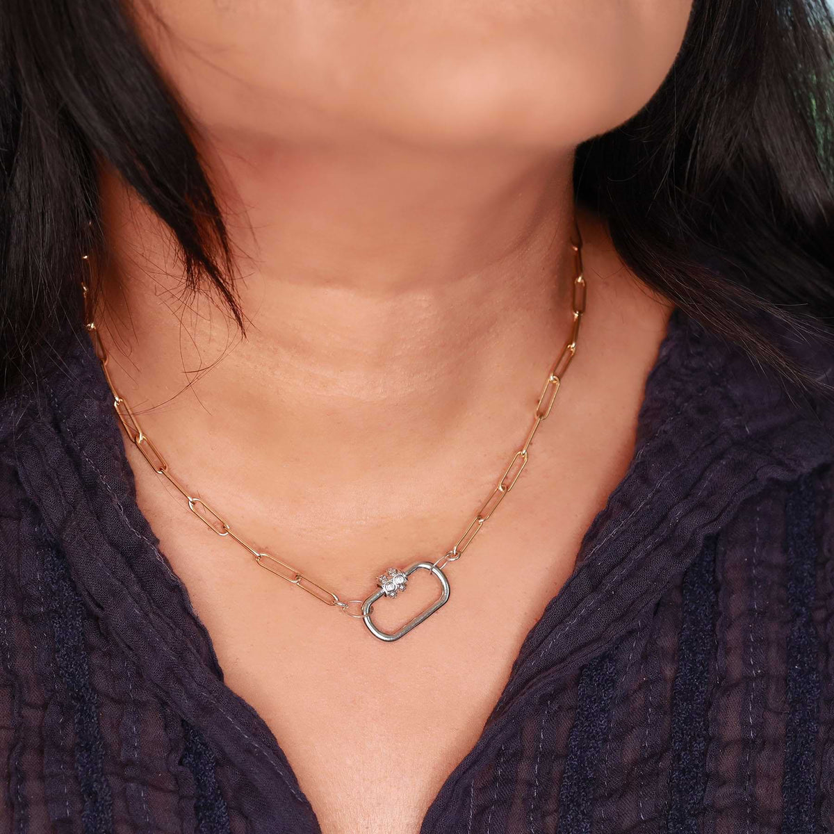 Locked and Loved - Mixed Metal Chain Link Carabiner Necklace life style image | Breathe Autumn Rain Artisan Jewelry