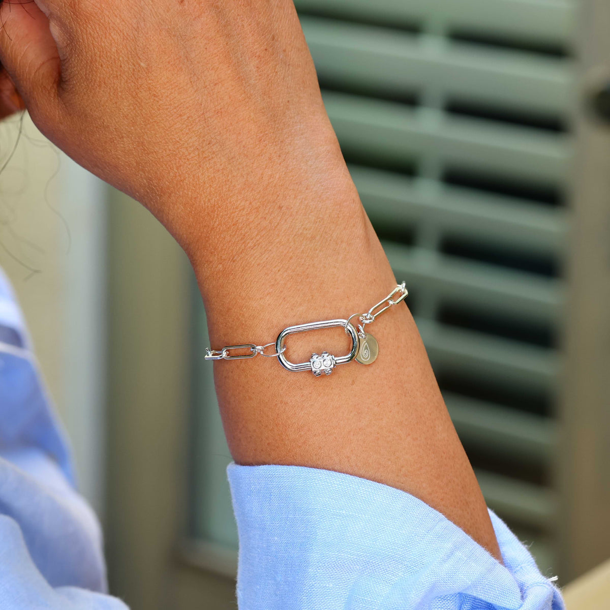 Locked and Loved - Mixed Metal Chain Link Carabiner Bracelet life style image | Breathe Autumn Rain Artisan Jewelry