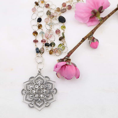 Lotus Rising - Multi Tourmaline Silver Lotus Mandala Pendant Necklace - main image | Breathe Autumn Rain Artisan Jewelry