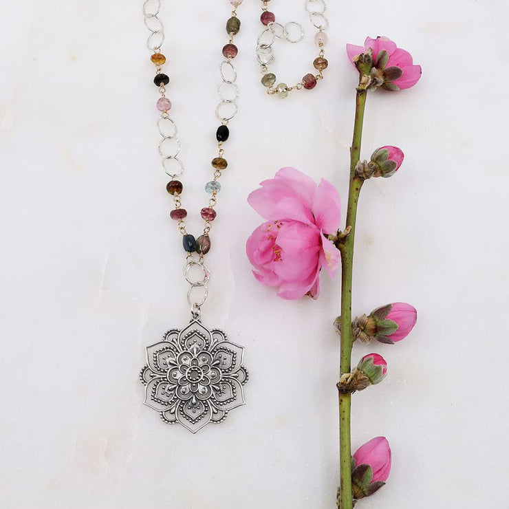Lotus Rising - Multi Tourmaline Silver Lotus Mandala Pendant Necklace - alt image | Breathe Autumn Rain Artisan Jewelry