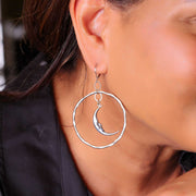 Luna Smiles - Smiling Crescent Moon Silver Hoop Earrings life style image | Breathe Autumn Rain Artisan Jewelry