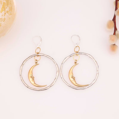 Luna Smiles - Smiling Crescent Moon Silver Hoop Earrings main image | Breathe Autumn Rain Artisan Jewelry