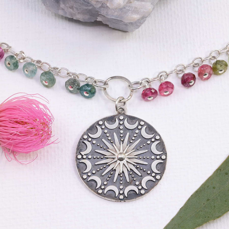 Lunar Compass - Sterling Silver Tourmaline Compass Pendant Necklace close up image | Breathe Autumn Rain Artisan Jewelry