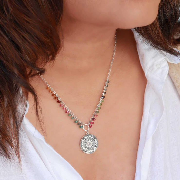 Lunar Compass - Sterling Silver Tourmaline Compass Pendant Necklace life style image | Breathe Autumn Rain Artisan Jewelry