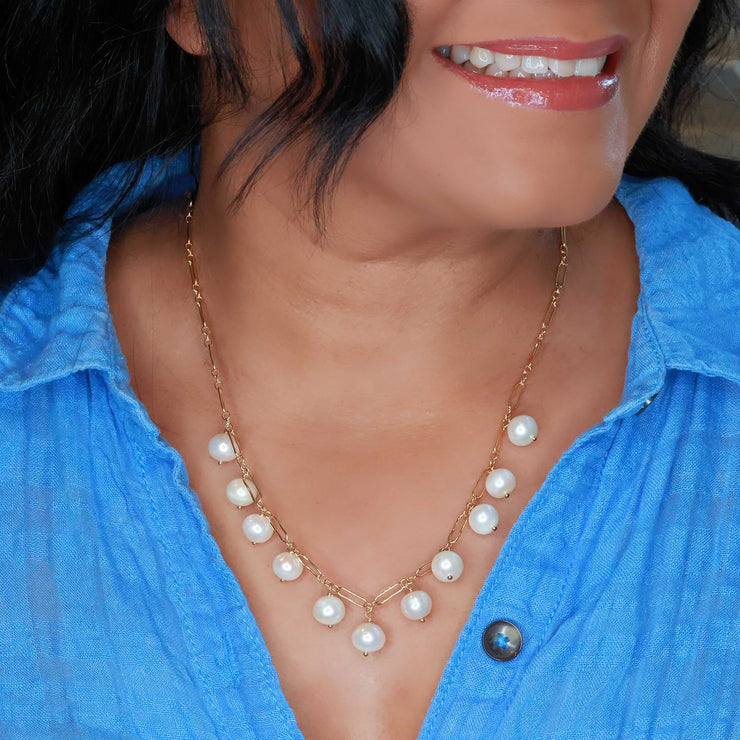 Maeve - Freshwater Pearl Gold Link Necklace life style image | Breathe Autumn Rain Artisan Jewelry