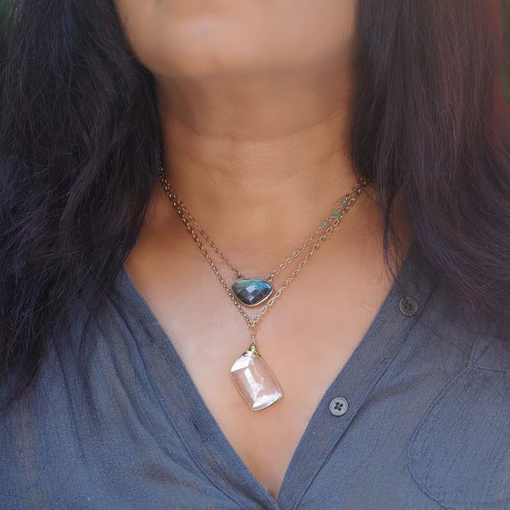 Manifestation - Quartz Crystal Gold Pendant Necklace life style layering image | Breathe Autumn Rain Artisan Jewelry