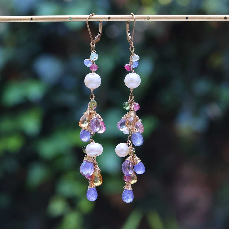 Manon - Multi Gemstone and Pearl Gold Cluster Earrings alt image | Breathe Autumn Rain Artisan Jewelry