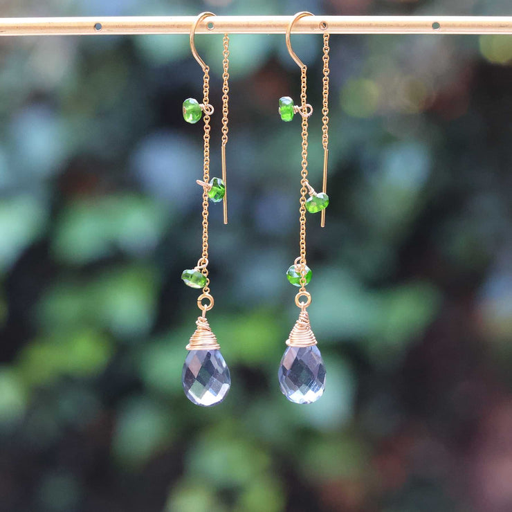 Mathilde - Moss Aquamarine and Chrome Diopside Gold Threader Earrings alt image | Breathe Autumn Rain Artisan Jewelry