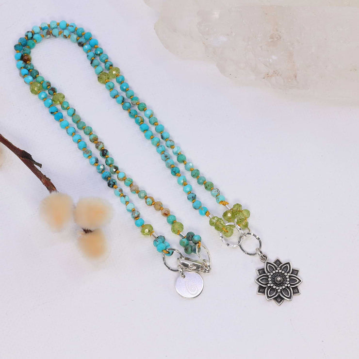 Mindfulness - Turquoise Peridot Silver Mandala Pendant Necklace alt image | Breathe Autumn Rain Artisan Jewelry