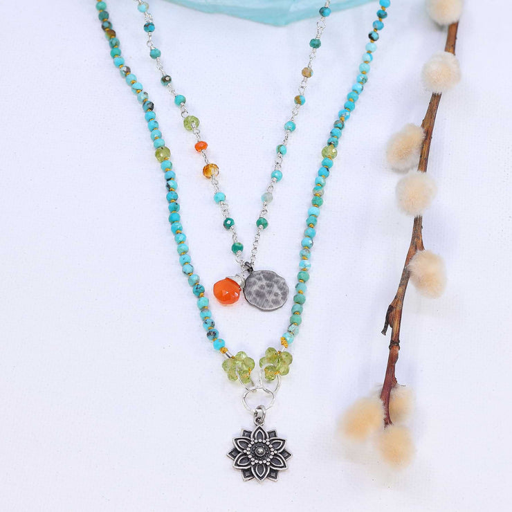 Mindfulness - Turquoise Peridot Silver Mandala Pendant Necklace layering image | Breathe Autumn Rain Artisan Jewelry