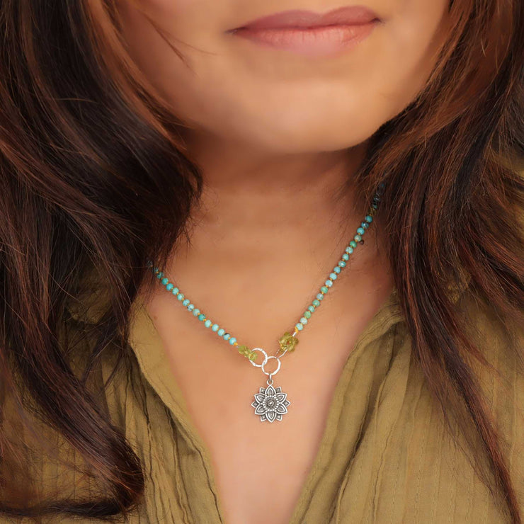 Mindfulness - Turquoise Peridot Silver Mandala Pendant Necklace main life style image | Breathe Autumn Rain Artisan Jewelry