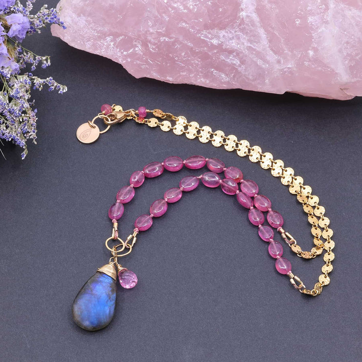 Modern Love - Pink Sapphire Gold Necklace alt1 image | Breathe Autumn Rain Artisan Jewelry