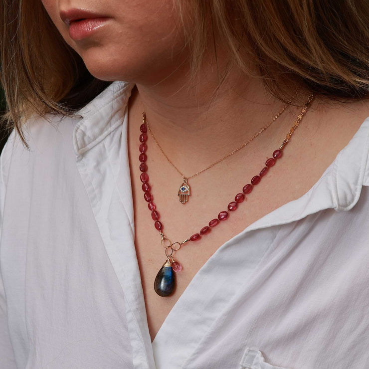 Modern Love - Pink Sapphire Gold Necklace life style layering image | Breathe Autumn Rain Artisan Jewelry