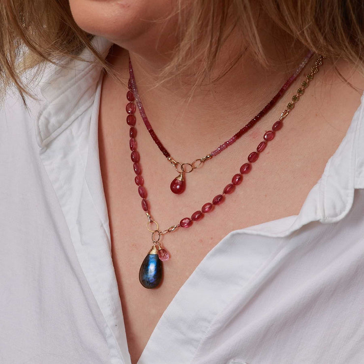 Modern Love - Pink Sapphire Gold Necklace life style layering image | Breathe Autumn Rain Artisan Jewelry