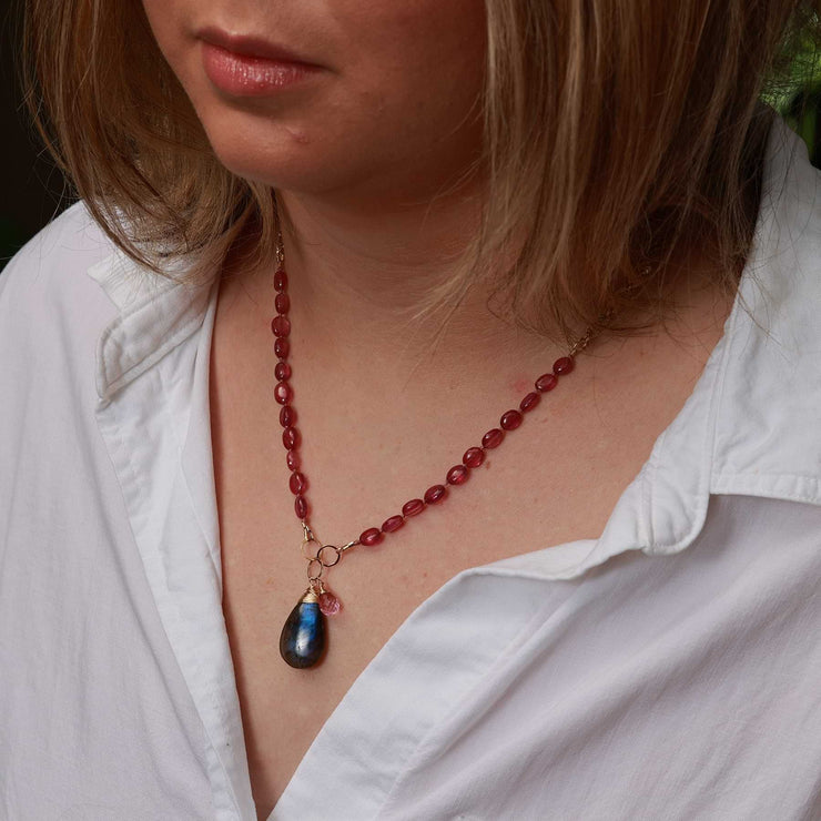 Modern Love - Pink Sapphire Gold Necklace life style image | Breathe Autumn Rain Artisan Jewelry