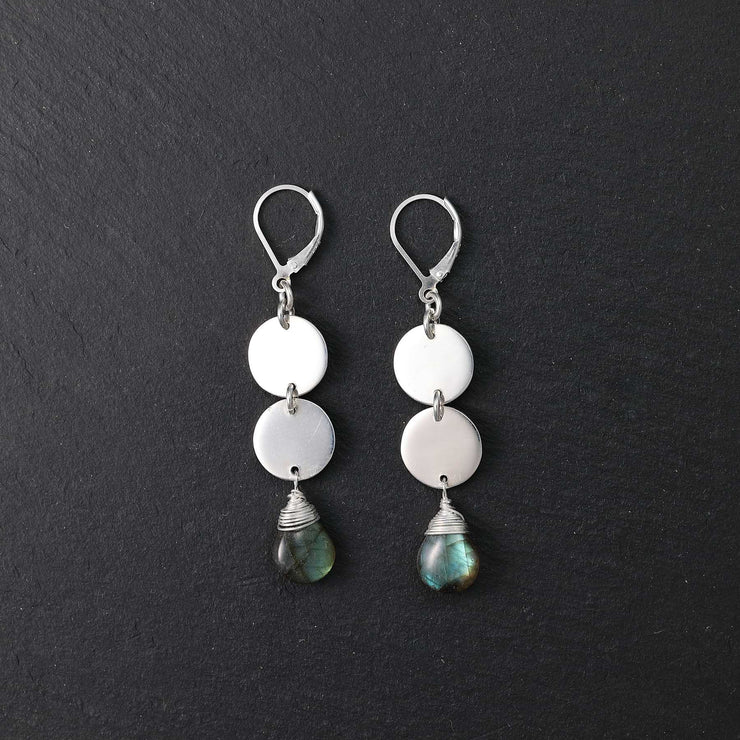 Moonlight - Labradorite Full Moon Silver Drop Earrings